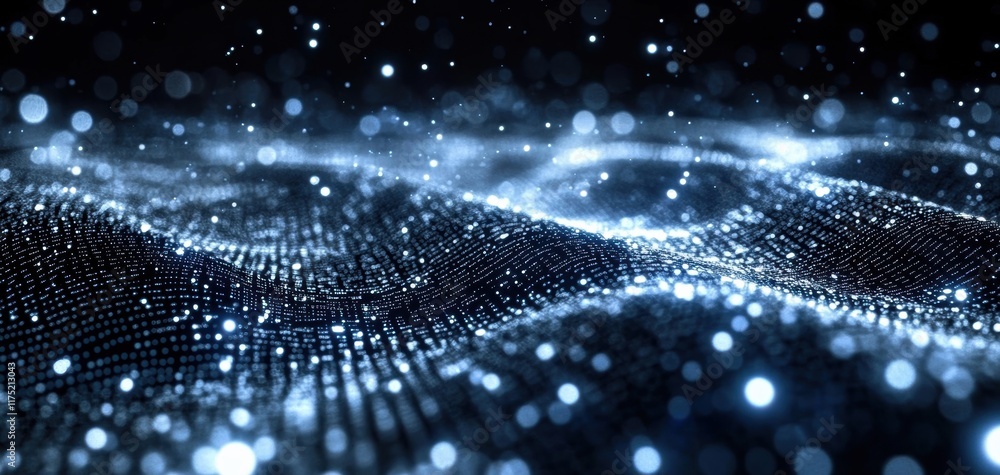 Poster abstract image of glowing particles on a dark background, creating a mesmerizing wave-like effect.