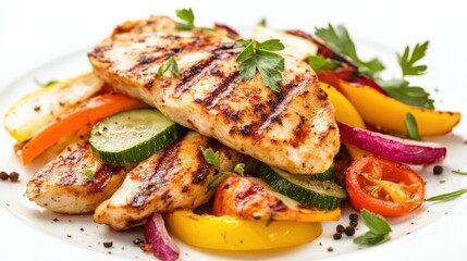 A delicious chicken wrap with golden grilled chicken and colorful veggies spilling out of the tortilla, isolated on white