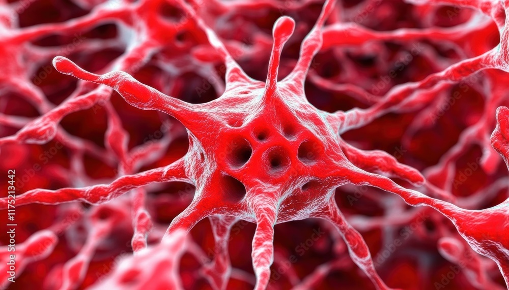 Poster detailed close-up of vibrant red microbiological cells, showcasing intricate structures and textures
