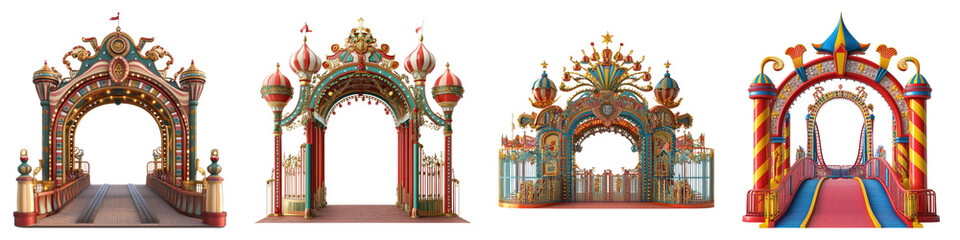 Carnival roller coaster entrance gate isolated on transparent background, Set of