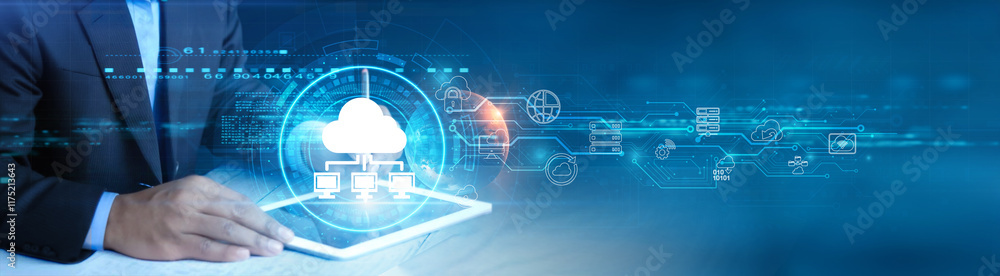 Poster businessman holding and using a digital tablet device with cloud computing services, advanced data p
