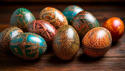 Intricate, hand-painted Easter eggs in vibrant colors and ornate designs rest on a rustic wooden surface.  Perfect for Easter greetings, holiday decorations, or cultural heritage projects.