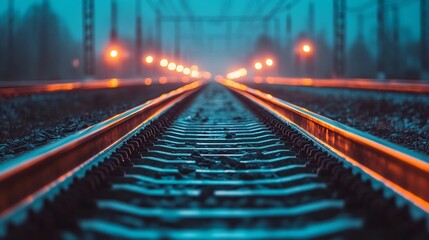 Fototapeta premium Glowing Electric Wires Lining a Night Train Track in an Urban Setting