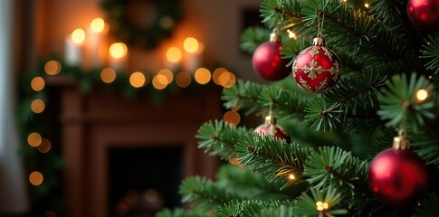 Decorated fir tree with candles, ornaments, and garlands in the foreground, ornaments, holiday decor