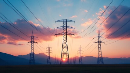 Fototapeta premium Golden light traveling along power lines at dawn,representing sustainable energy flow