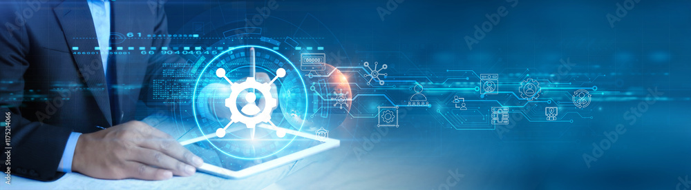 Poster businessman holding and using a digital tablet device with network administration features, monitori