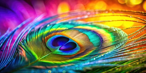 Naklejka premium Vibrant peacock feather closeup, blurred background, perfect for text. A colorful bird feather portrait.