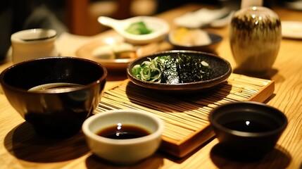 Presenting Zaru Soba on Bamboo Mat with Wasabi and Nori Japanese Restaurant Food Photography Cozy Atmosphere Culinary Delight