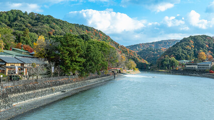 Fototapeta premium A picturesque view of the Uji Riverbank with lush green trees and autumn foliage. Traditional Japanese buildings line the river. Kyoto, Japan.