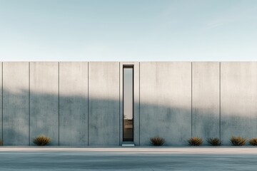 Obraz premium A smooth concrete minimalist exterior with a single vertical window and a recessed entryway