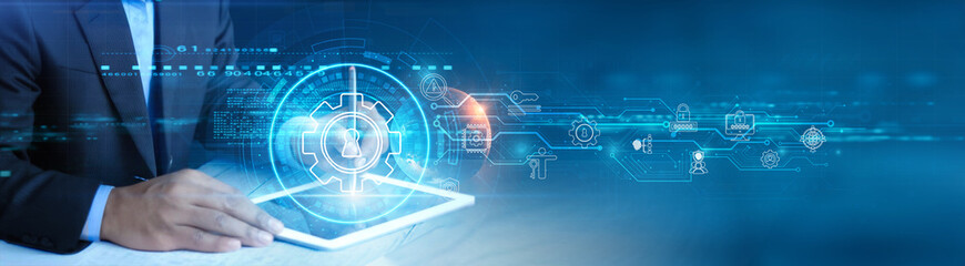 Businessman holding and using a digital tablet device with secure access management, enhanced data protection, efficient user control, identity verification, and seamless workflow integration concept.