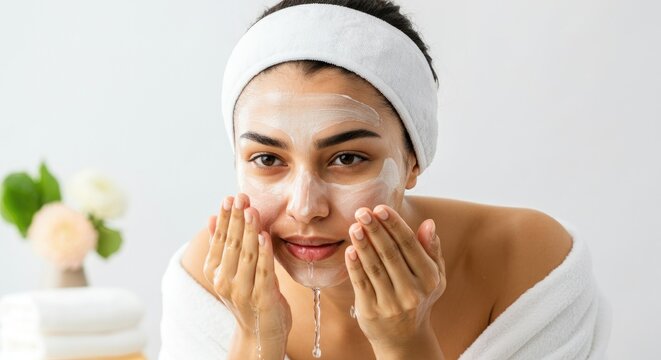 Woman applying skincare product, promoting facial hygiene and self-care
