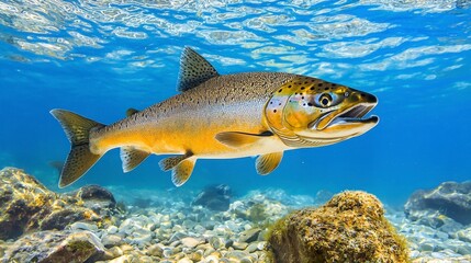 Naklejka premium Underwater action salmon swimming in clear blue waters nature scene aquatic environment vibrant marine life