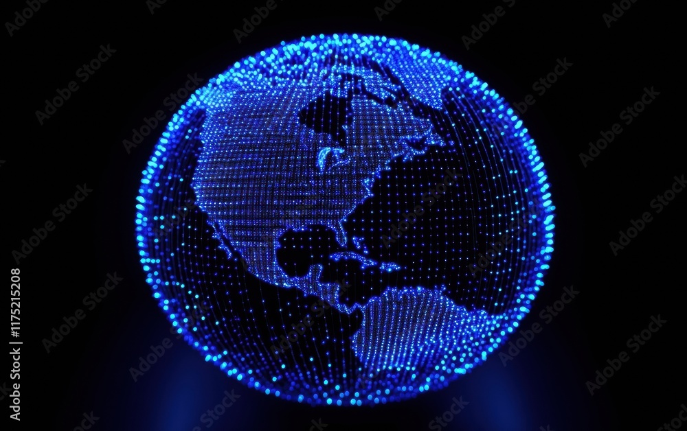 Poster digital globe with glowing blue dots representing data connectivity and global networks in a dark ba