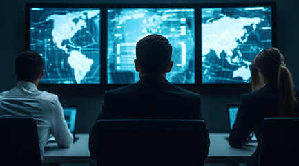 A group of professionals monitors multiple screens displaying data and maps, highlighting a high-tech environment focused on analysis and decision-making.