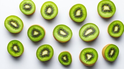 Scattered Sliced and Whole Kiwi Fruits on Plain White Background