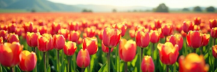 Flat field of colorful spring tulips with distant background, wildflowers, blossom field, flat landscape