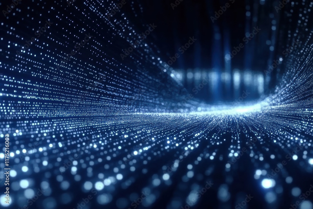 Poster abstract digital landscape with glowing blue dots representing data and technology trends in a futur