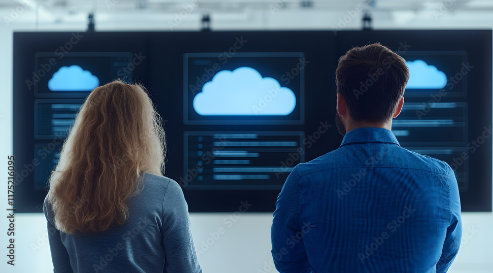 Aufkleber a woman and a man observe cloud computing graphics displayed on monitors, engaged in a tech-focused 