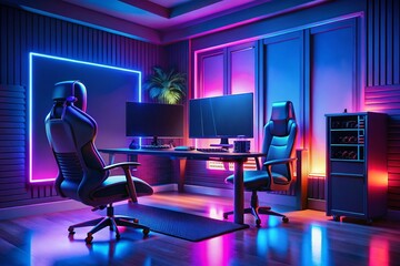 Silhouette of Gamer in Vibrant 3D Rendered Gaming Room