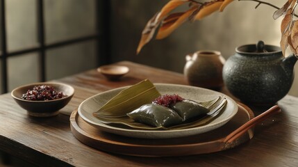 Enjoy Seasonal Sakura Mochi Dessert Wrapped in Pickled Leaves Japan Food Indoor Culinary Delight