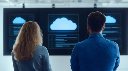 A woman and a man observe cloud computing graphics displayed on monitors, engaged in a tech-focused discussion.