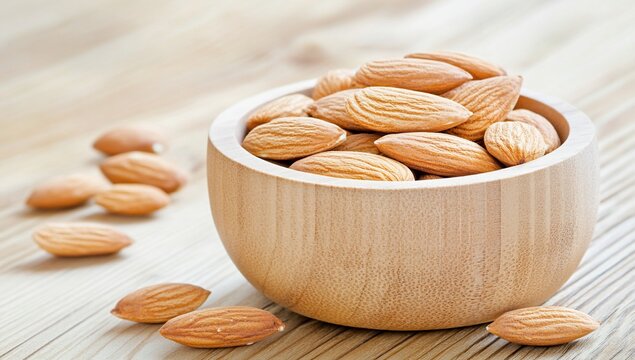 A bowl of almonds on a wooden surface, showcasing a healthy snack.