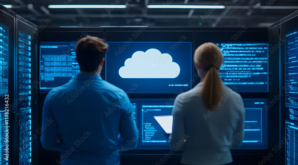 Aufkleber two professionals observe cloud data on screens, highlighting technology and collaboration in a mode