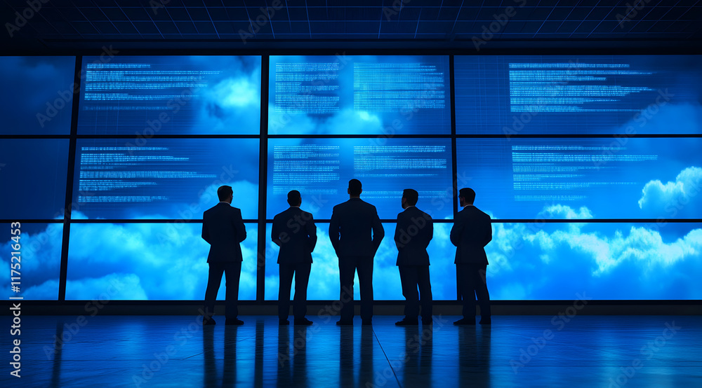 Poster a silhouette of five individuals standing in front of large screens displaying code and clouds, sugg