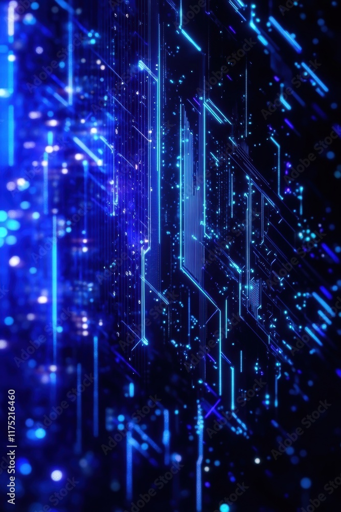 Poster dynamic blue lines and particles creating a futuristic digital landscape with depth and movement.