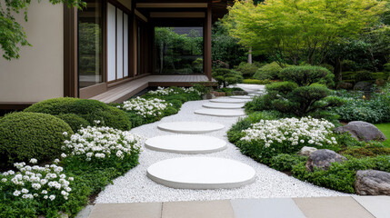 Obraz premium serene traditional Japanese garden with blooming flowers and stepping stones