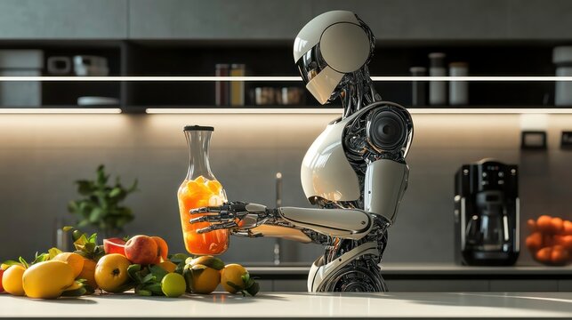 A humanoid android expertly blends fresh fruits in a modern kitchen setting during the day