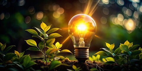 Silhouette of Glowing Lightbulb with Leaves: Conservation, Sustainability, Renewal