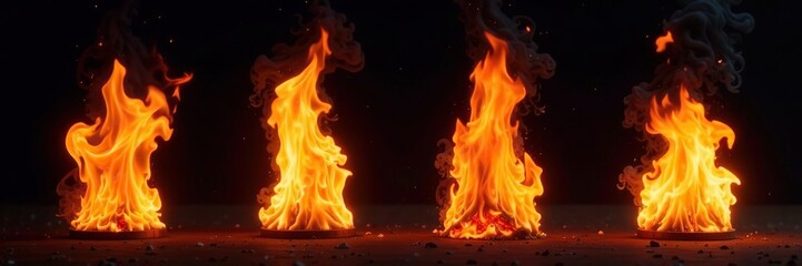 Fototapeta premium Four isolated flame jets on black background with dense smoke, burning, pyre, isolation