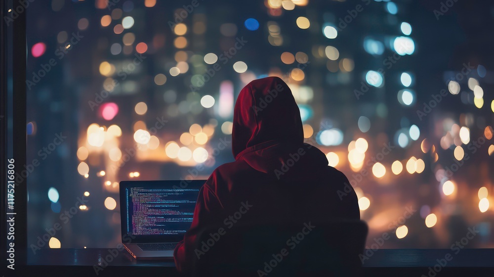 Poster a hooded hacker is sitting at a desk with a laptop in front of them, the screen filled with code, in