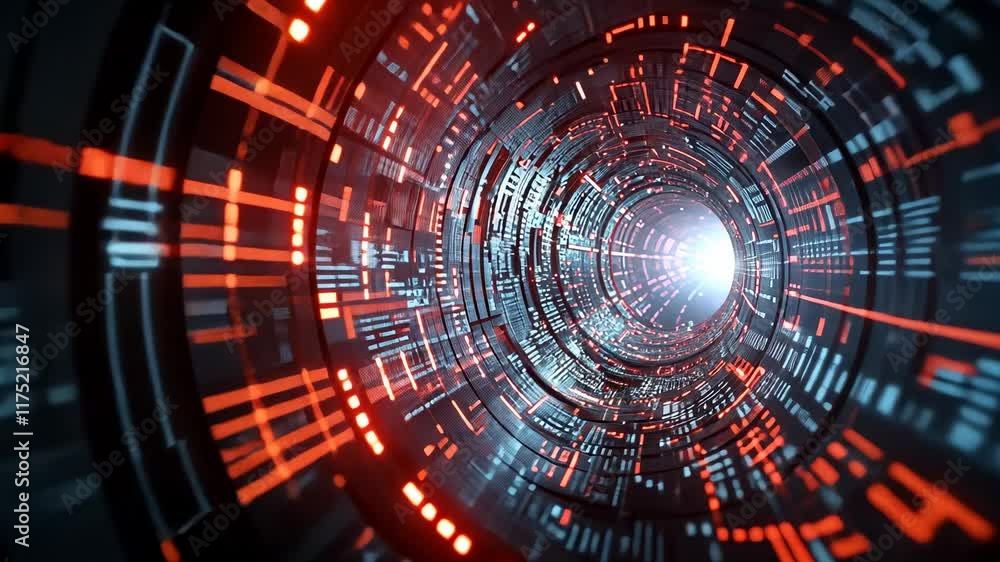 Poster exploring a vibrant digital tunnel filled with lights and patterns in a futuristic environment