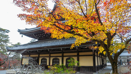 A traditional Japanese temple building at Nanzen-ji framed by vibrant autumn leaves. The building's dark roof contrasts with the colorful foliage. Nanzen-ji Temple, Kyoto, Japan.