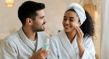 Smiling couple in bathroom applying skincare products together