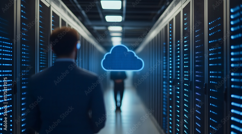 Poster a professional figure stands in a server room, looking towards a floating cloud icon, symbolizing cl