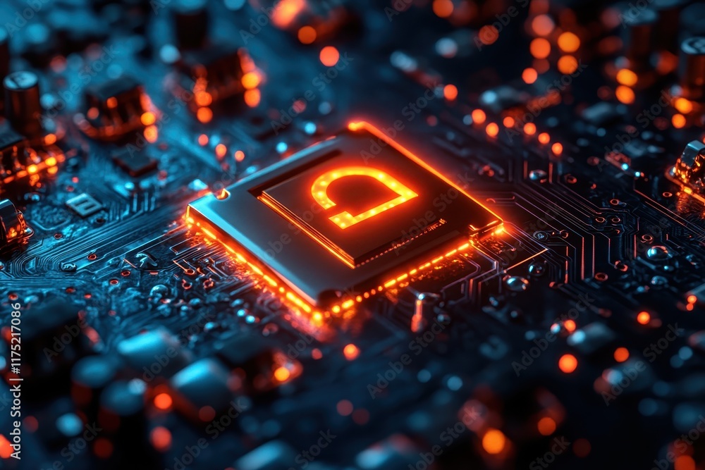 Poster close-up view of an illuminated microchip on a dark circuit board showcasing intricate electronic co