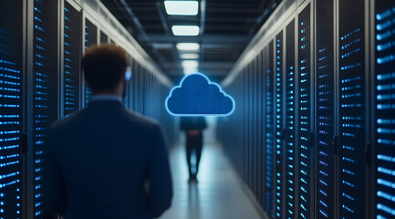 A professional figure stands in a server room, looking towards a floating cloud icon, symbolizing cloud computing and data management.
