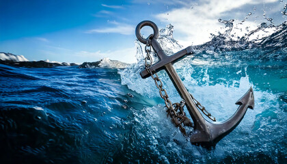 Dramatic close-up of a rusty anchor submerged in turbulent ocean waves, splashing water. Ideal for concepts of stability, hope, nautical themes, and adventure.
