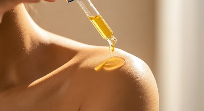 Close-up of light-skinned woman applying oil on shoulder with dropper