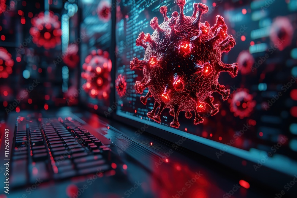 Poster visual representation of a virus impacting digital systems with close-up view of a virus structure a