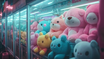 Obraz premium Neon-Lit Plush Toys in Arcade Claw Machine