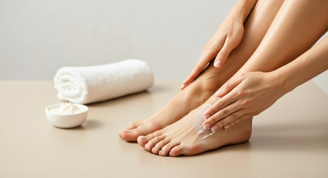 Woman applying lotion on feet, promoting skincare and self-care routine