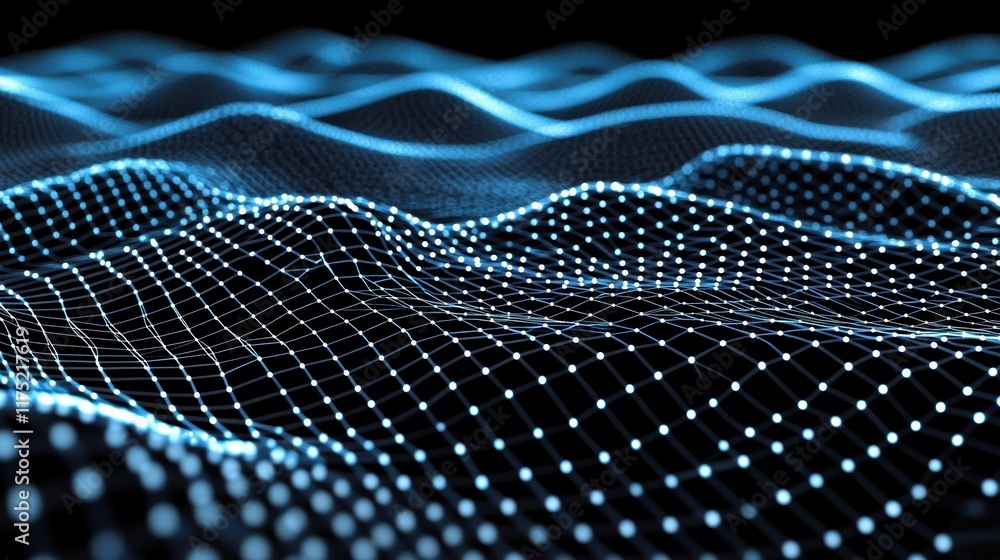 Poster abstract digital landscape with glowing dots and lines representing data waves and networks in a dar