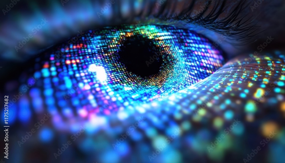 Poster abstract close-up of a digital eye, showcasing vibrant colors and pixelated patterns reflecting adva