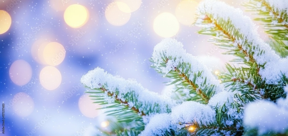Poster a snowy pine branch with delicate frost and soft bokeh lights in the background, creating a serene w