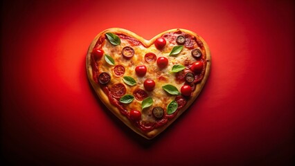 Fototapeta premium Silhouette of Heart-Shaped Pizza on Red Background - Romantic Food Photography